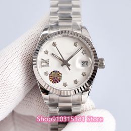 Top classic Women Stainless Steel crystal Star Watches Lady Automatic Mechanical Diamond watch Silver White Rome clock 28mm