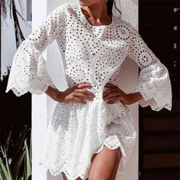 Foridol flare sleeve hollow out white lace autumn dress women embriodery cotton short casual loose blue dress vestidos 210415