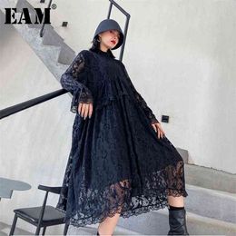 [EAM] Women Black Lace Split Big Size Long Dress New Stand Collar Long Sleeve Loose Fit Fashion Tide Spring Autumn 1Z047 210409