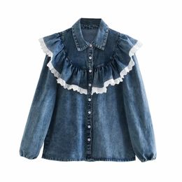 Elegant Women Blue Denim Shirts Fashion Ladies Lace Ruffles Tops Sweet Female Chic Turn Down Collar Blouses 210430