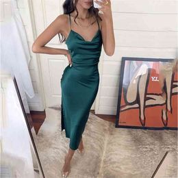 Foridol Drapped Neck Satin Party Summer Dress Women Backless Strap Slit Midi Green Sleeveless Club Black 210415