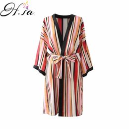 H.SA Bohemian Striped Cardigans Kimono Shirt With Sashes Long Cardigan Loose Blouse Tops femme Sexy Beach Boho 210417