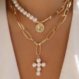 Spring and Summer Simple Retro Style Seal Inlaid Artificial Pearl Cross Necklace Ladies Gift Exquisite Jewellery