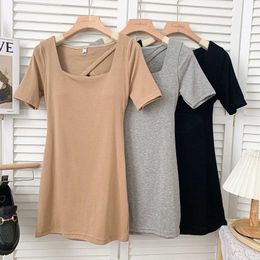 Summer Fashion All-match Black Short Sleeve Square Neck Backless Dress Women Mini Slim Wrap Hip Hollow Out Solid Vestido Cotton 210610