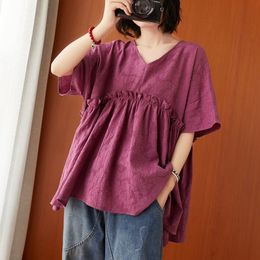 Oversized Women Cotton Linen Casual T-shirts New Arrival Summer Simple Style Vintage V-neck Loose Female Tops Tees S2965 210412