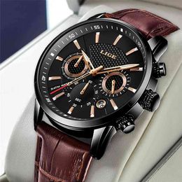 LIGE Mens Watches Top Brand Luxury Military Sport Watch Men Leather Waterproof Clock Quartz Wristwatch Relogio Masculino+Box 210804