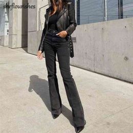 Fall jeans woman high waist pants vintage small flare black denim korean bell bottom blue trousers cute 210809