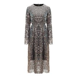 Glitter Elegant Club Party O Neck Gray Sequined Bling Long Sleeve Knee Length Autumn Spring Dress D0906 210514