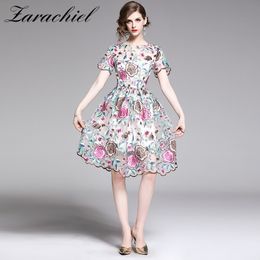 Fashion Designer Runway Floral Overlay Embroidery Dresses Summer Women's Short Sleeve O Neck Vintage Mesh Party Vestidos 210416