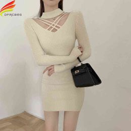 New 2020 Autumn Winter Sweater Knitted Dress Women Rib Knit Turtleneck Thicken Long Sleeve Beige Or Black Hollow Out Dresses G1214