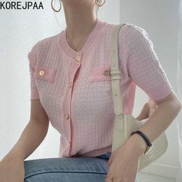 Korejpaa Women Sweater Summer Korean Chic Female Gentle Sweet Temperament Thin V-Neck Texture Casual Short Knitted Cardigan 210526