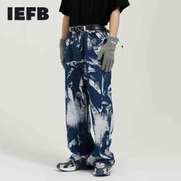 IEFB Men's Dark Blue Jeans Korean Trendy Tie Dye Loose Trend Straight Denim Trousers Handsome Vintage Streetwear Jeans 210524