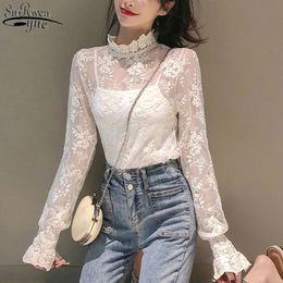 Spring and Autumn High Collar Long Sleeve Embroidered Women Blouse Lace Bottom Shirt Korean Mesh Female 13130 210427