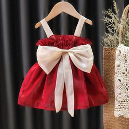 1-5Y Girls Sling Dress 2021 New Baby Girls Foreign Style Pure Colour Bow Red Princess Dress Girl Children's Clothing G1026