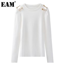 [EAM] Women White Slim Knitting Hollow Out Off Shoulder T-shirt Round Neck Long Sleeve Fashion Spring Summer 1DD7440 210512