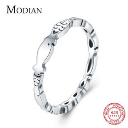 Novel Fish Stackable Ring Real 925 Sterling Silver Fashion Special Animal Finger Rings Minimalist Jewellery For Women Gift 210707