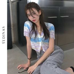 Yedinas Korean Style Tie Dye Crop Top Knitted Cardigan T Shirt Women Short Sleeve T-shirts Ladies Y2k 90s Knitwear Summer Tees 210527