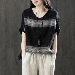 F&je New Arrival Summer Women Tshirt Plus Size Loose Batwing Sleeve Tee Shirt Femme Cotton Striped Vintage T Shirts Tops D12 210406