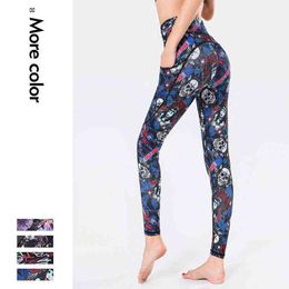 Women Printed Yoga Pants Pocket Fitness Leggings High Waist Gym Tights Stretchy Slim Sport Leggins Workout Clothes Running Pants H1221