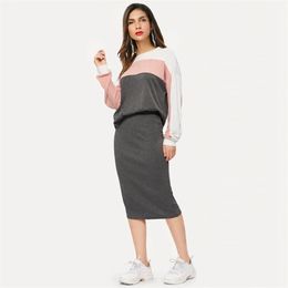 Summer Womens Two Pieces Long-sleeved Sweatshirt Grey Patchwork Stretch Knit Sweater High Elastic Skirt Casual Sports Suits 211109