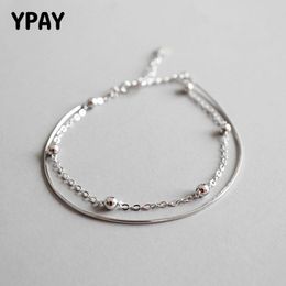 YPAY Double Layer Beads Ankle Bracelet Silver 925 Fine Jewelry for Women Trendy Snake & Link Chain Anklets Drop YMA003