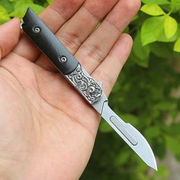 Top Quality Multifunctional Flipper Carving Folder knife 440C Satin Blade Ebony Handle Ball Bearing Folding Knives Inlcuding 2 Blades