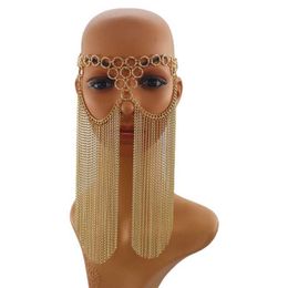 Shiny Mesh Tassel Veil O-Ring Metal Chain Retro Belly Dance Masquerade Face Mask Q0818