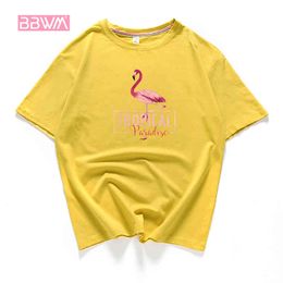 Exquisite Women's Korean Cotton T-shirt Summer Short-sleeved T-shirt Loose Round Collar Wild Flamingo Printing Yellow Female 210507