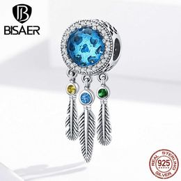 Dreamcatcher BISAER 925 Sterling Silver Dream catcher Beads Blue Zircon Feathers Charms fit Bracelets Jewelry ECC1384