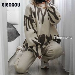 GIGOGOU Loose Oversized Women Cashmere Sweater 2/Two Piece Harem Pant Suits Tie Dye Winter Knit Sweater Tracksuits Outfits 211215