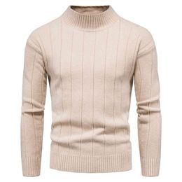 Striped Solid Men's Sweaters Brand Half High Collar Top Casual Slim Ribbed Hem Pullover Oversized Warm Streetwear 210524