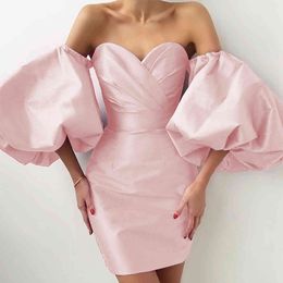 Summer Off Shoulder Mini Dress Vestido Sexy Women Long Puff Sleeve Pink Draped Club Celebrity Runway Party 210423