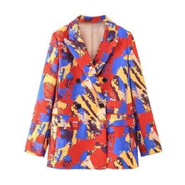fashion women scrawl print blazer office ladies pocket jackets casual female double breasted suits girls chic sets 210527