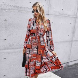 printed long dresses for spring summer V-Neck Empire Floor-Length Printing Slim Women's Dress Elegent OL holidays dress 210524