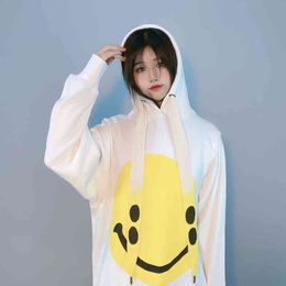 Kapital Hoodies Oversized Smile Face Printed Sweatshirt White Cotton Pullover Men Women High Quality Drawstring Streetwear Hoody