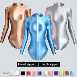 XCKNY swimsuit women sexy tight glossy high fork long sleeve solid Colour T-shirt with crotch 210702