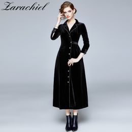 Autumn Winter Black Women Vintage Long-sleeved Single-Breasted Notched Long Lady Elegant A-Line Velvet Dress 210416