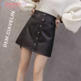 Aelegantmis Women Elegant Black PU Leather Skirt Summer High Waist Bodycon Mini Lady Casual A-line Girls Short 210607