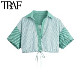 TRAF Women Fashion Patchwork Striped Cropped Blouses Vintage Button-up Elastic Hem With Tie Female Shirts Chic Tops 210415