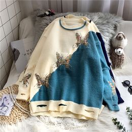 H.SA Winter Patchwork Sweater and Jumpers Long Sleeve Stars Printed Pullovers Chic Streetwear Hole Sweaters Butterfly Pull 210417