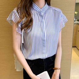 Korean Women's Shirt Chiffon Blouses for Women Short Sleeve Female Top Blue Striped Woman OL 210427
