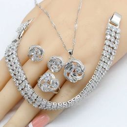 Round White Cubic Zirconia Silver Color Bridal Jewelry Sets For Women Bracelet Stud Earrings Necklace Pendant Rings Gift Box H1022