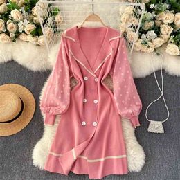 Spring Autumn Retro Knit Dress Lapel Puff Sleeve Double-breasted Slim Thin Sweet UK769 210506