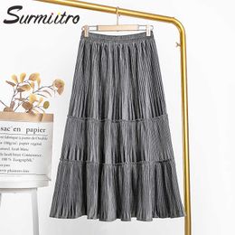 SURMIITRO Super Quality Velvet Long Skirt Women Spring Autumn Korean Style Aesthetic High Waist Pleated Midi Skirt Female 210712