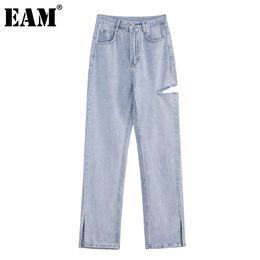 [EAM] Высокая талия длинные голубые джинсовые щели бурр отверстие широкие джинсы свободные женщины брюки мода весна осень 1dd7862 21512