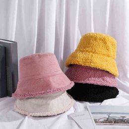 Women Lambs Wool Bucket Hat Japanese Girls Outdoor Sports Fisherman Cap for Ladies Casual Winter Warm Panama Hat G220311
