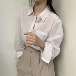 OL Elegant Basic White Shirt Women Autumn Tops Fashion Blouses Long Sleeve Lapel Sun Protection Clothing Blusas 210421