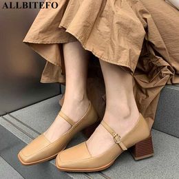 ALLBITEFO retro square toe full genuine leather brand high heels party women shoes spring women high heel shoes women heels 210611