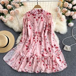 Spring and Summer Women's Vestidos Stand-up Collar Cloak Long-sleeved Elegant Chiffon Ruffled Mini Dress GK787 210506
