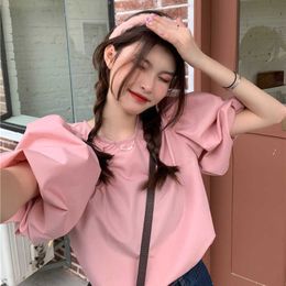 Summer Sweet Chic Korean Loose O Neck Solid Pink Hollow Out Lantern Sleeve Blusas De Mujer Short Sleeve Blouse Tops White Shirts 210610
